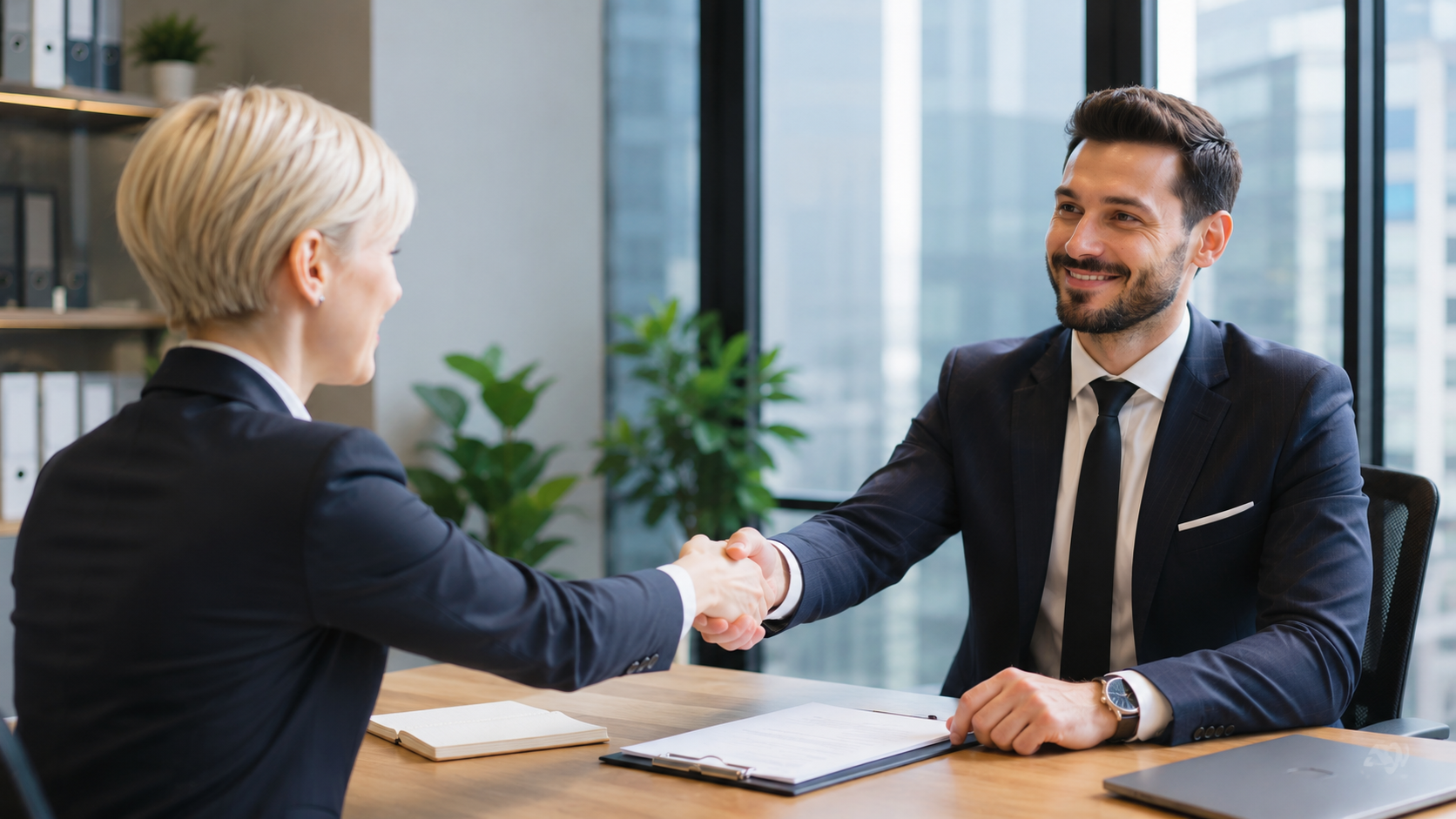 Two professionals shaking hands, representing a resolved, relationship-first outcome